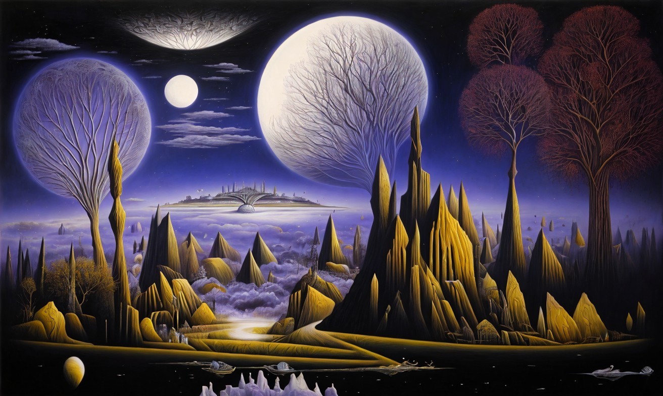 Surreal Twilight Landscape with Two Moons and City