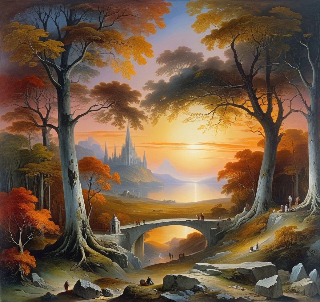 Tranquil Sunset Landscape with Autumn Trees and Castle