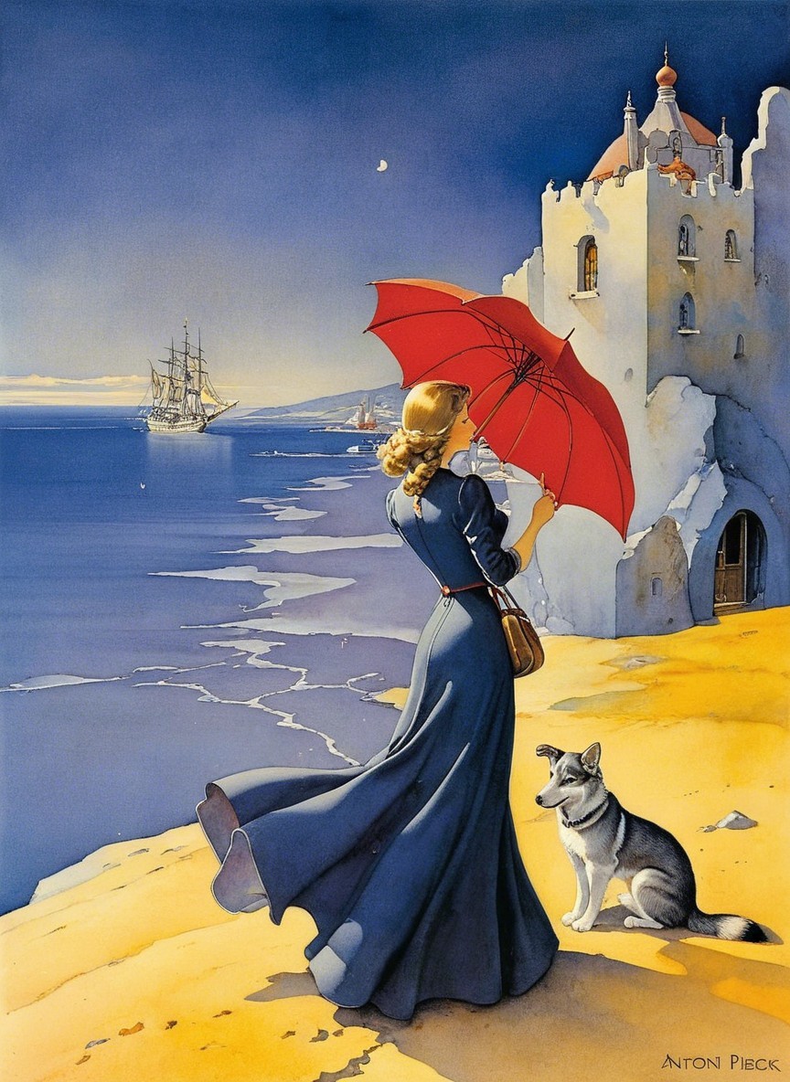 Woman with red umbrella on sandy shore with dog