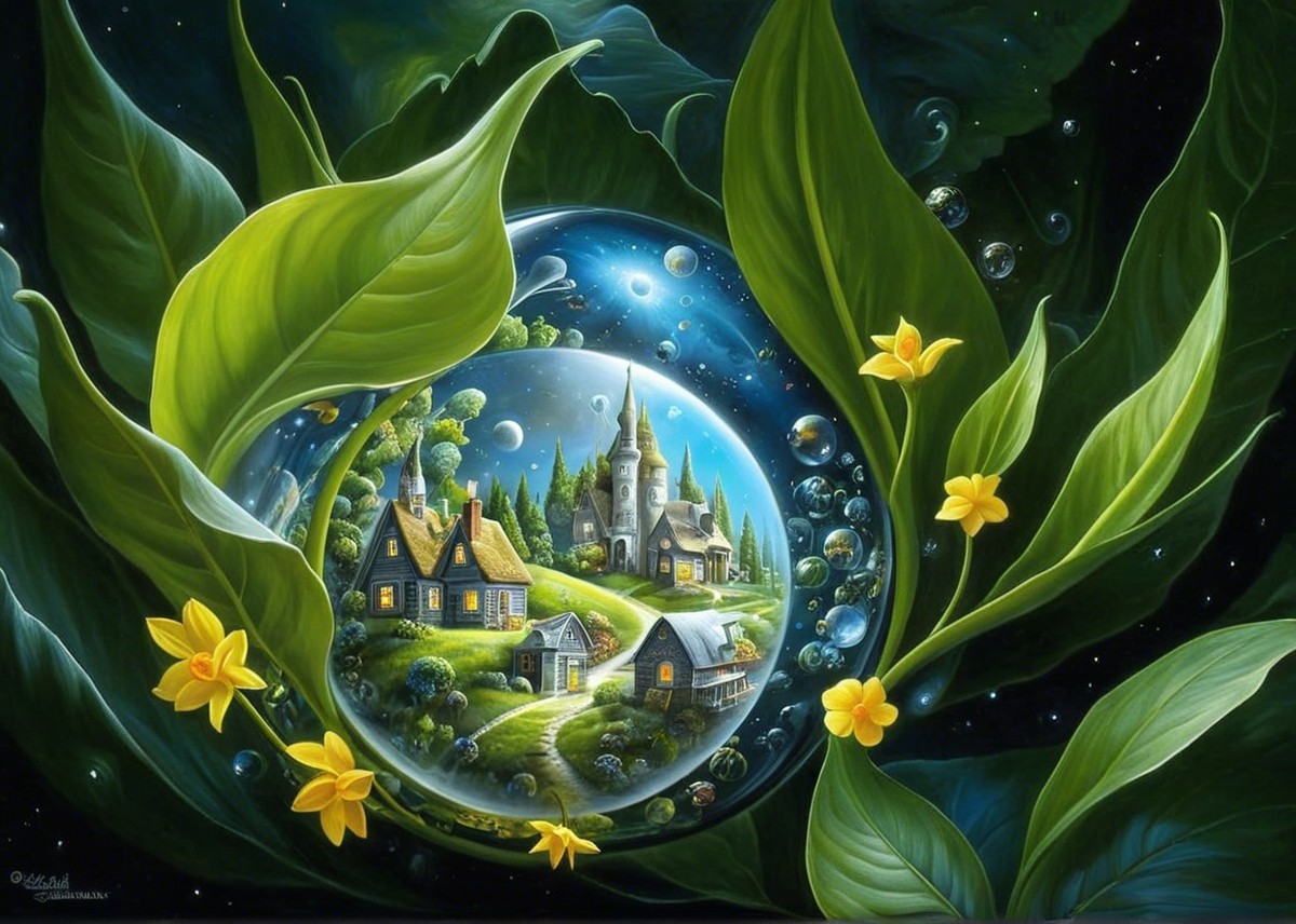 Whimsical Landscape Inside a Glowing Bubble