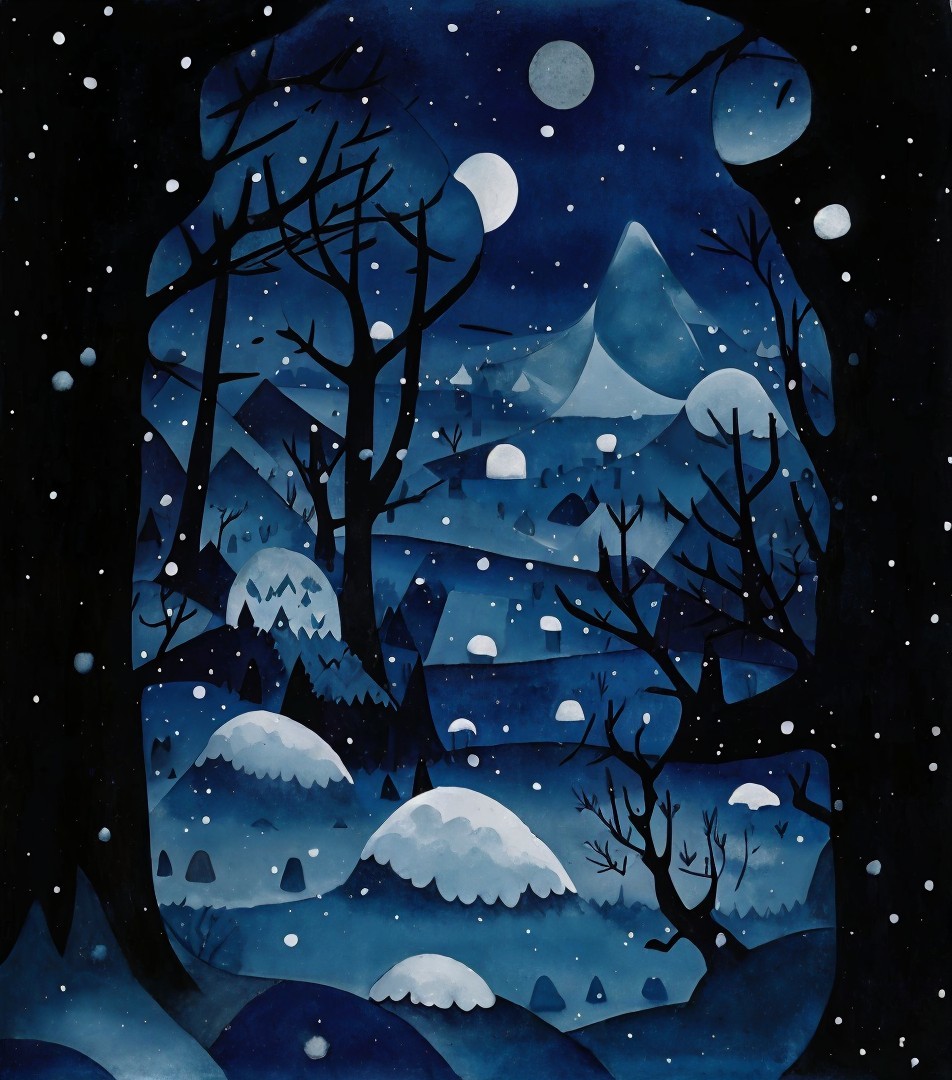 Whimsical Winter Night Landscape with Snow and Stars