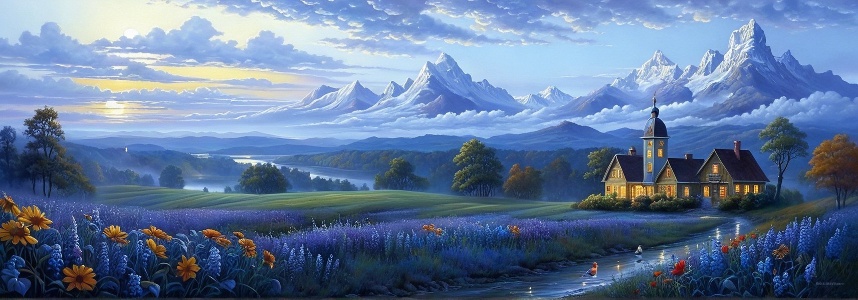 Tranquil Landscape with Mountains and Serene River