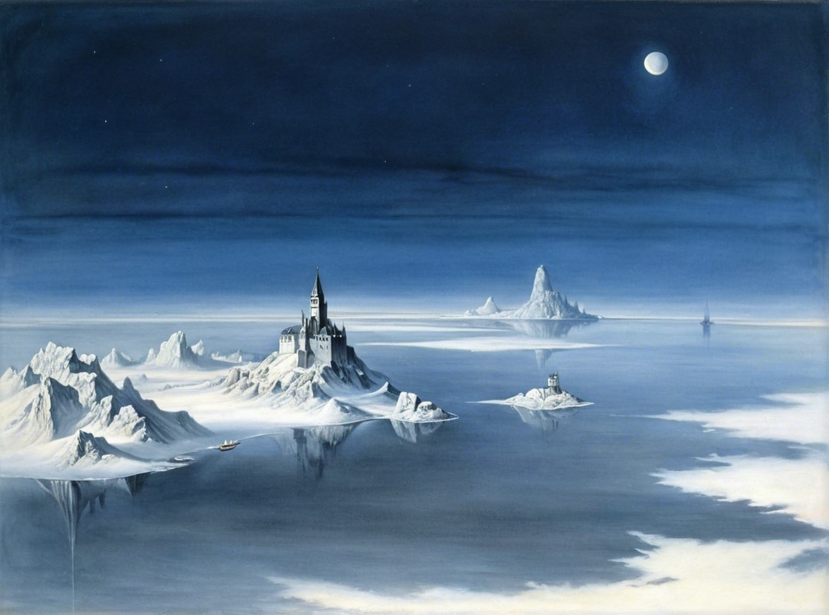 Serene Castle Landscape on a Snowy Island at Night