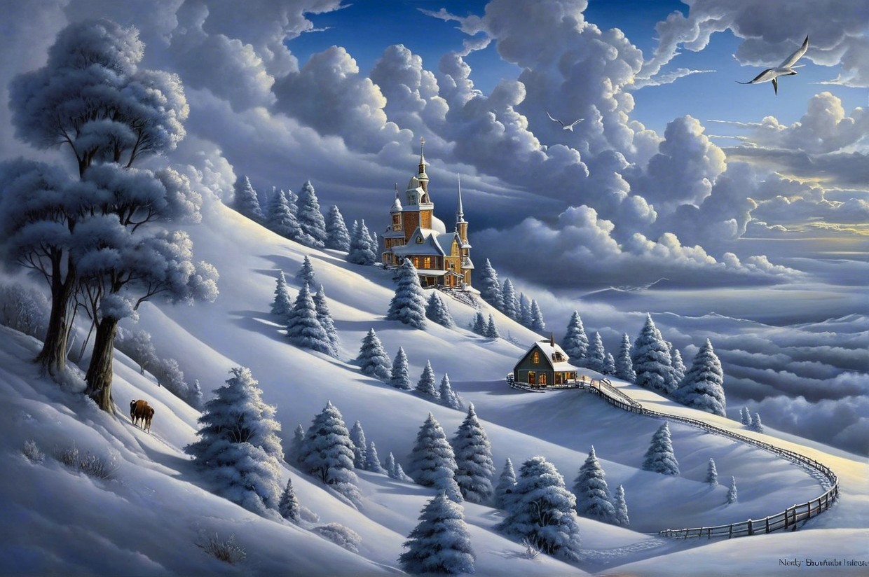 Winter Landscape with Castle and Cozy Cottage