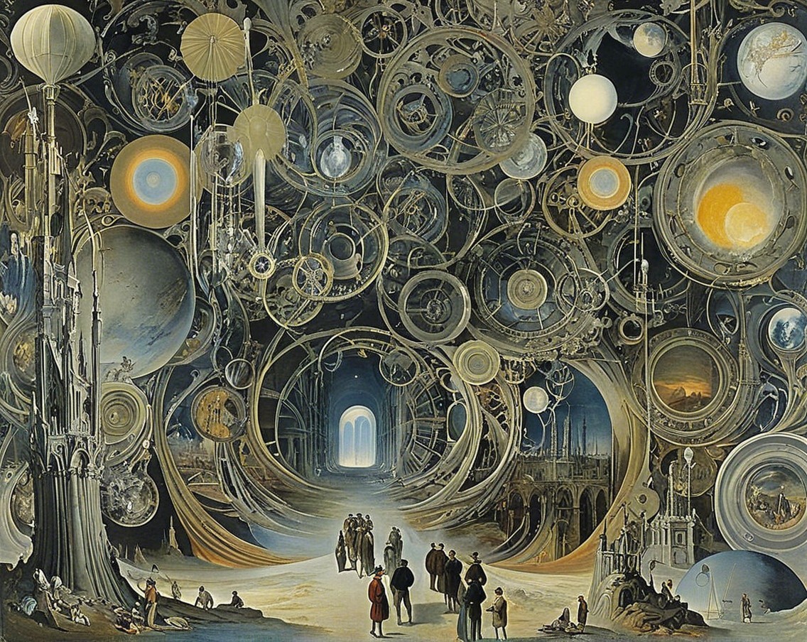 Surreal Landscape with Machinery and Celestial Bodies