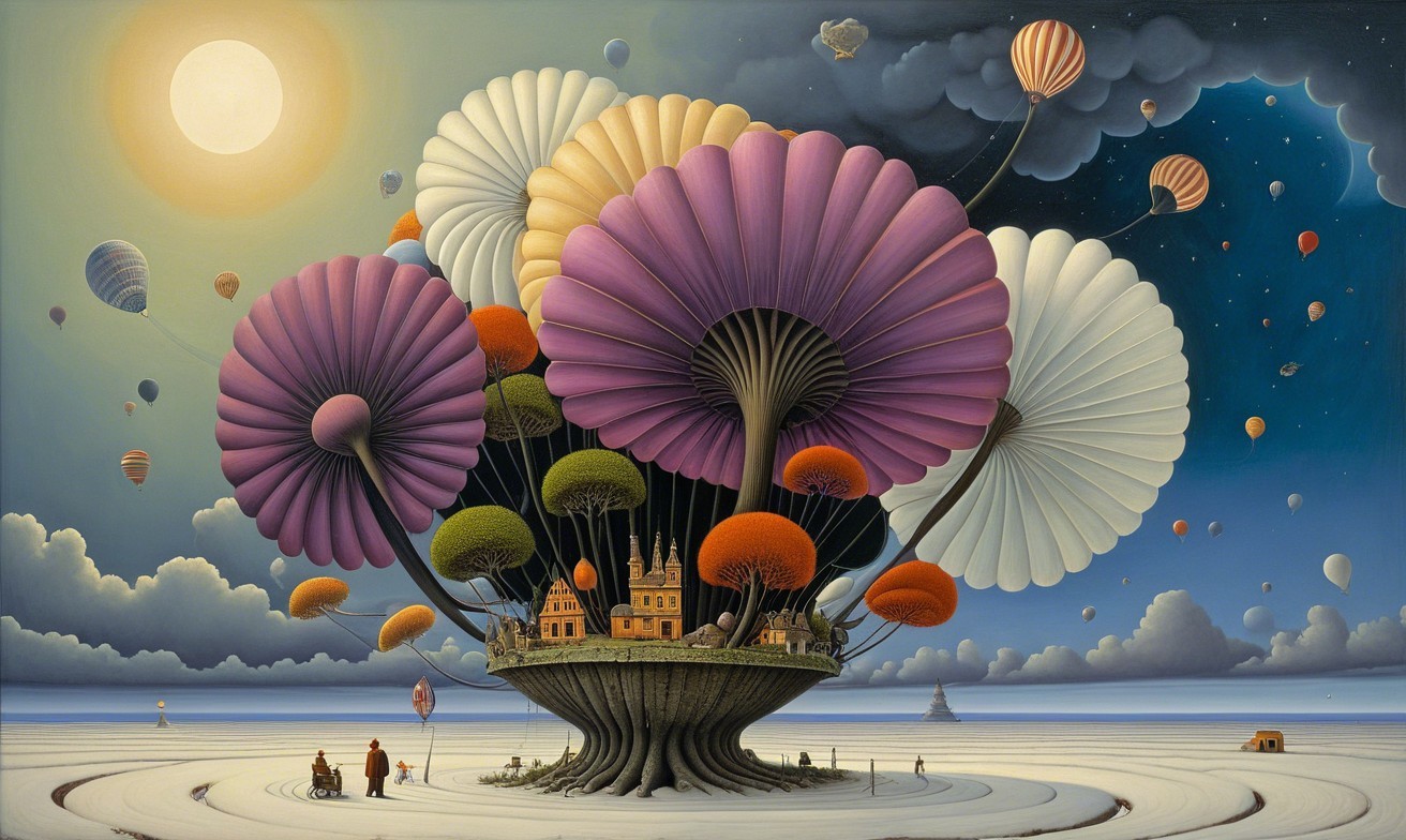 Whimsical Landscape with Colorful Tree and Village