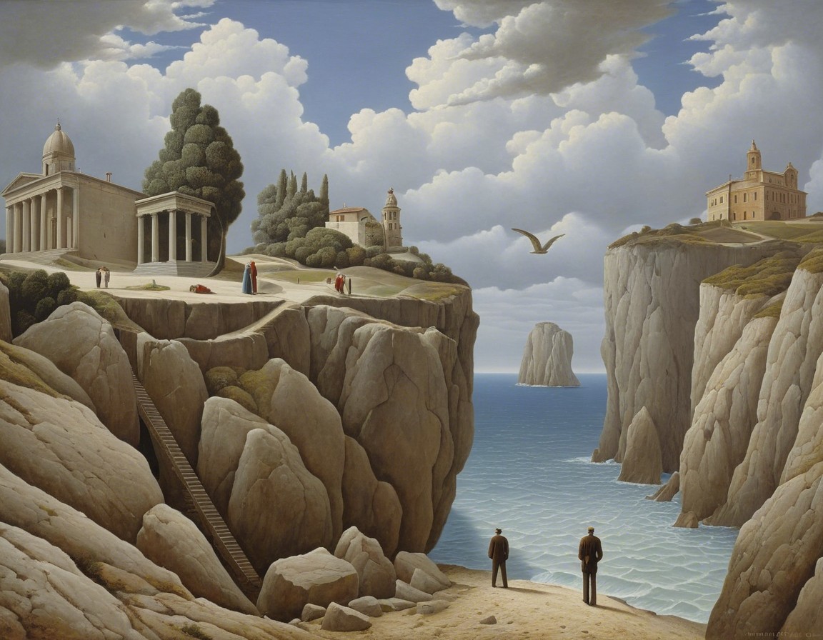 Surreal Landscape with Cliffs and Tranquil Sea