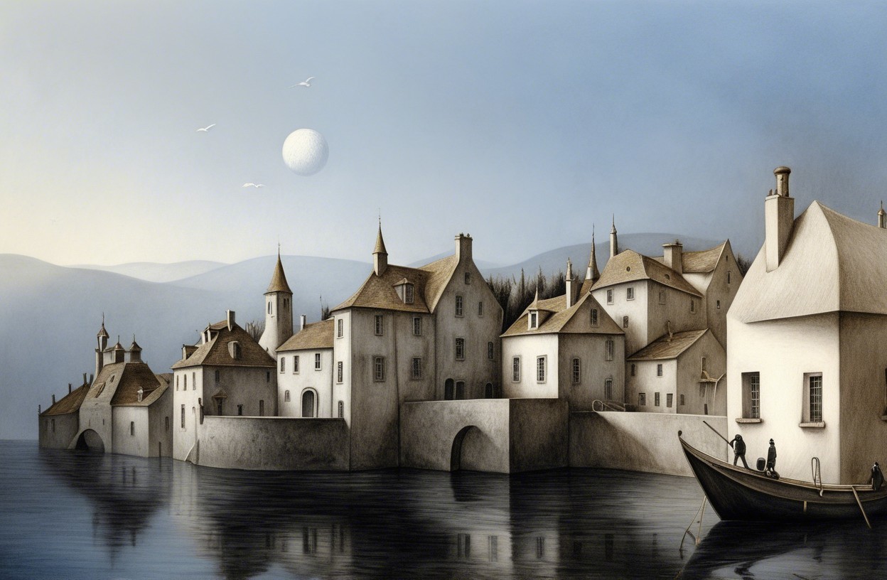 Serene Waterfront Village with Angular Houses and Moon