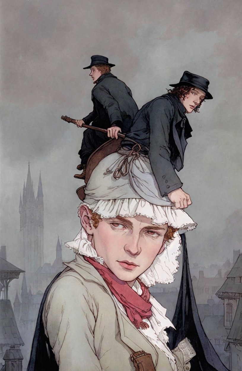 Historical figures in period clothing on totem pole with cityscape backdrop