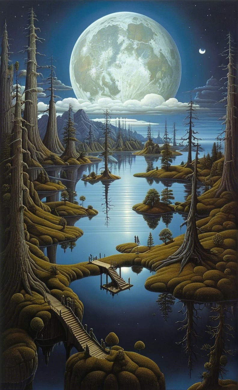 Serene Lake Landscape with Cypress Trees and Moonlight