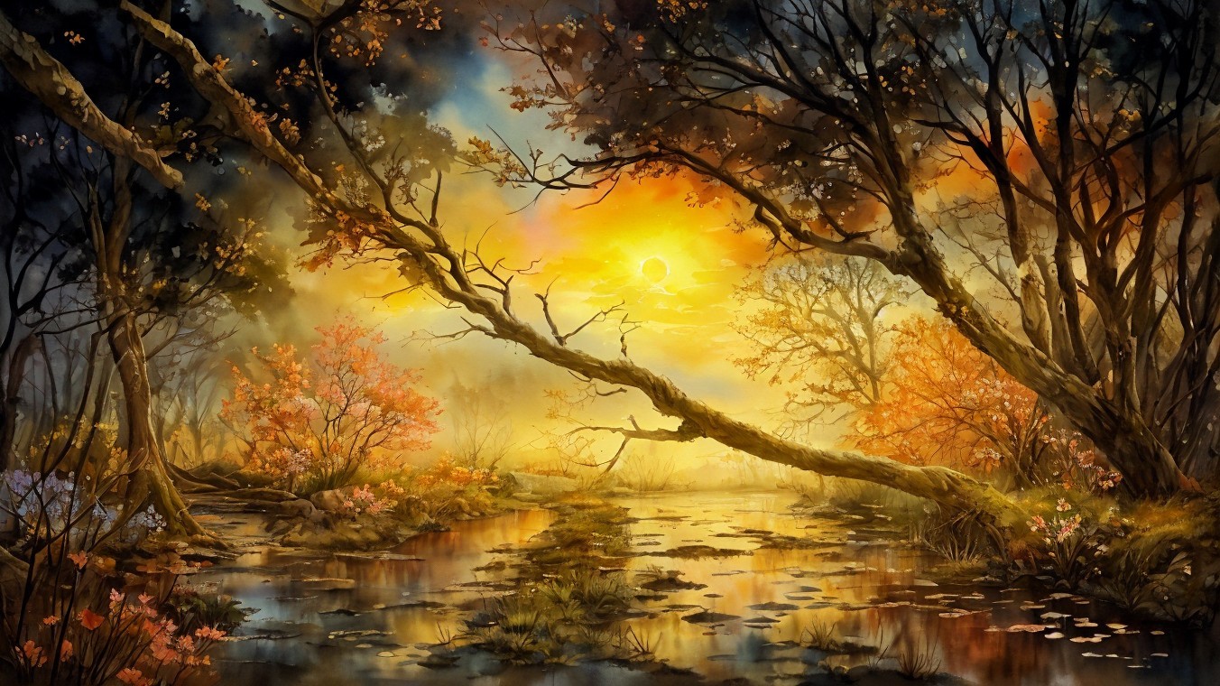 Mystical Autumn Forest with Sunset and Reflective River