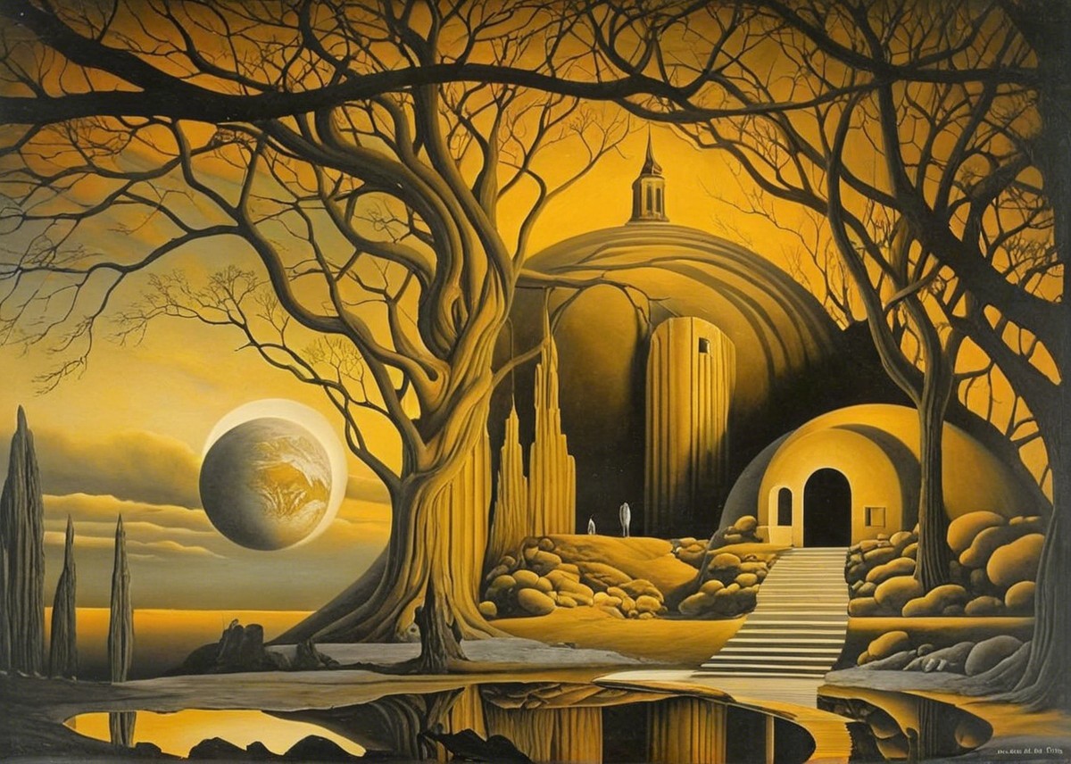 Surreal Landscape with Twisted Trees and Golden Sky