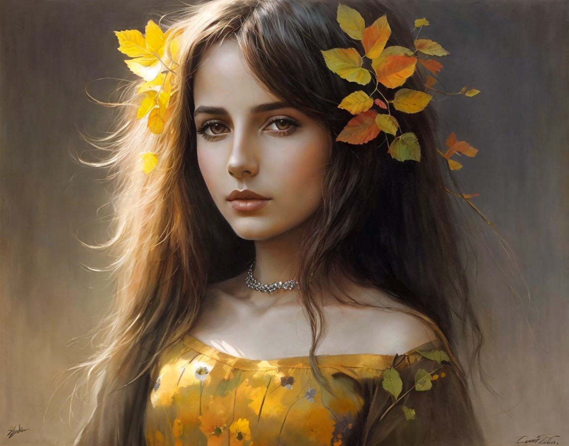 Woman portrait with autumn leaves in hair and yellow floral dress