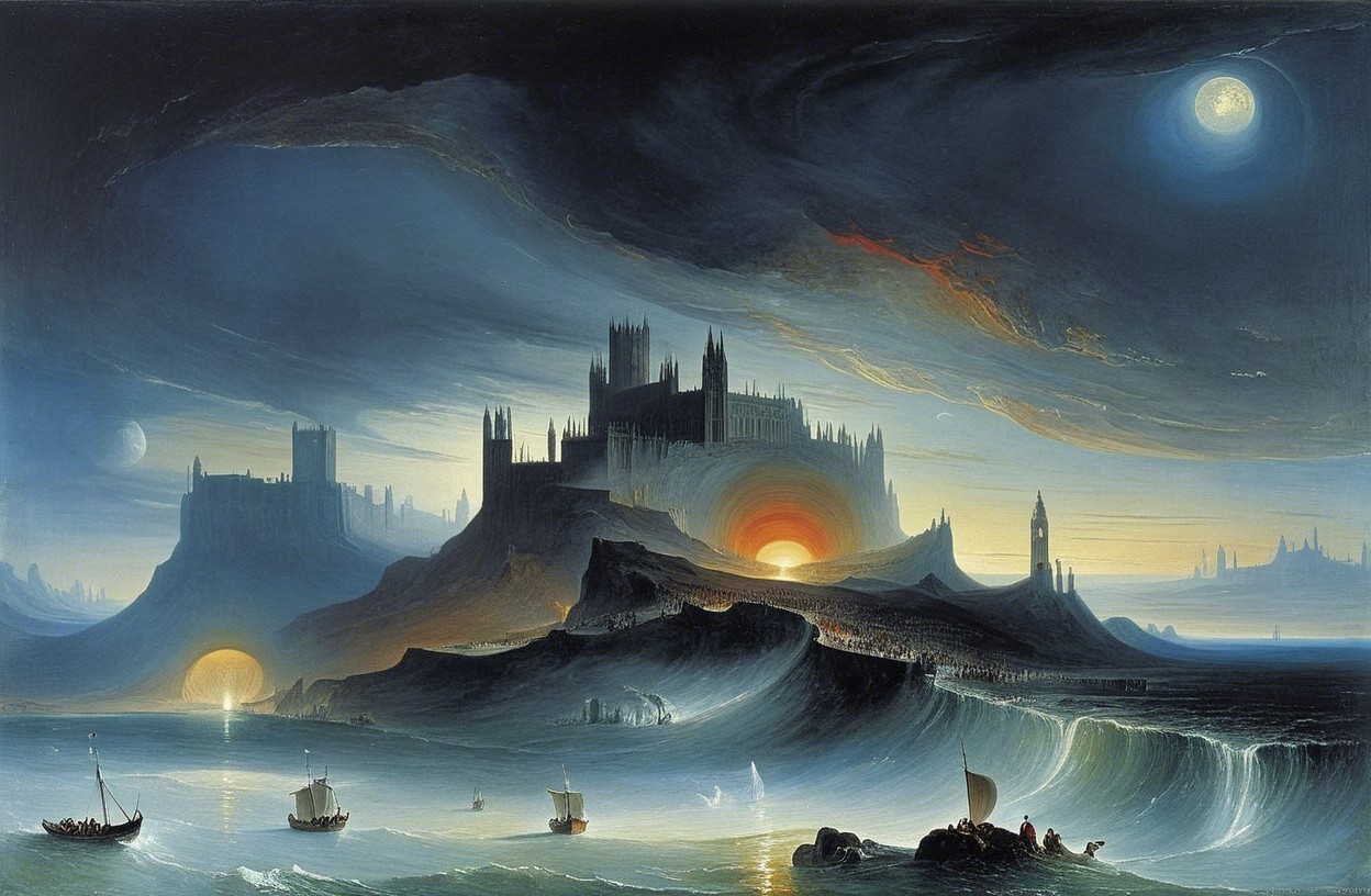 Surreal Landscape with Castle and Vibrant Sunset