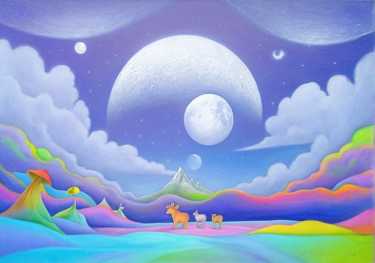 Surreal Landscape with Colorful Hills and Moons