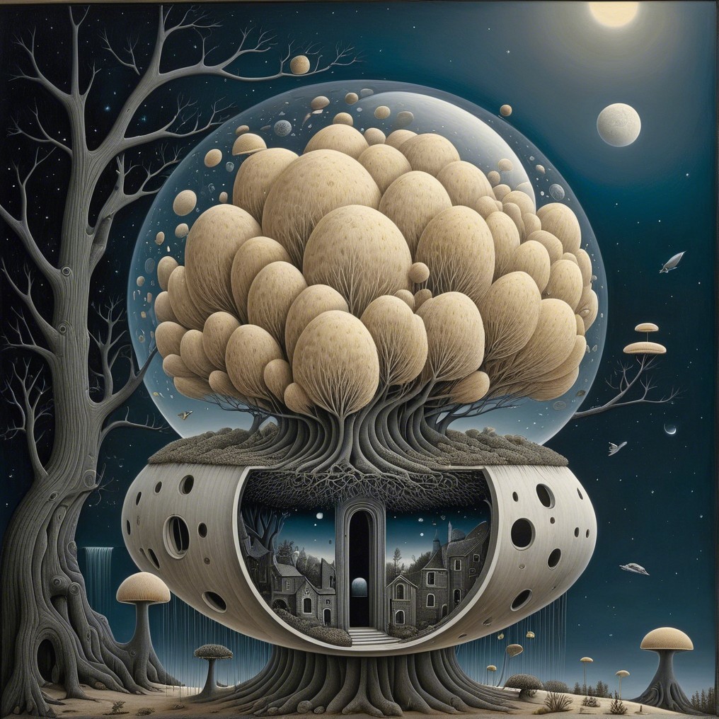 Fantastical Landscape with Unique Trees and Structures