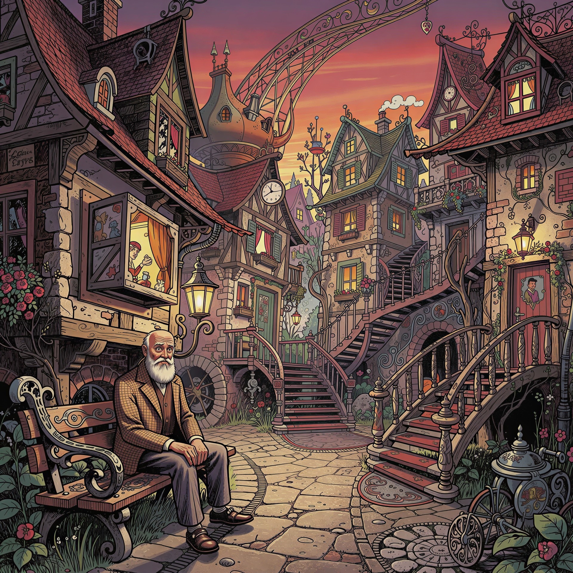 Ornate Illustration of an Old Man in European Town