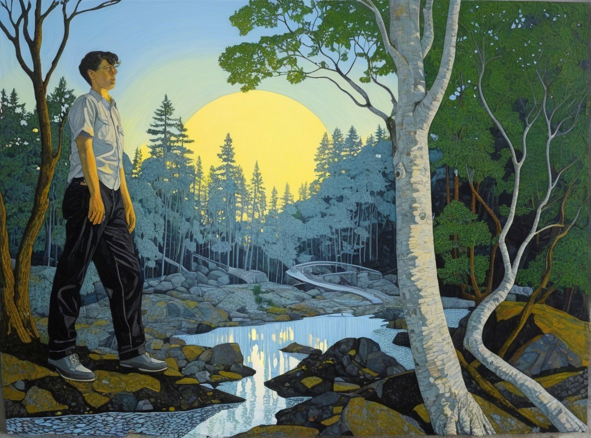 Young boy by a rocky riverbank at sunset