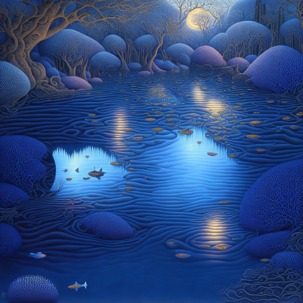 Serene Blue Landscape with Stylized Trees and Water