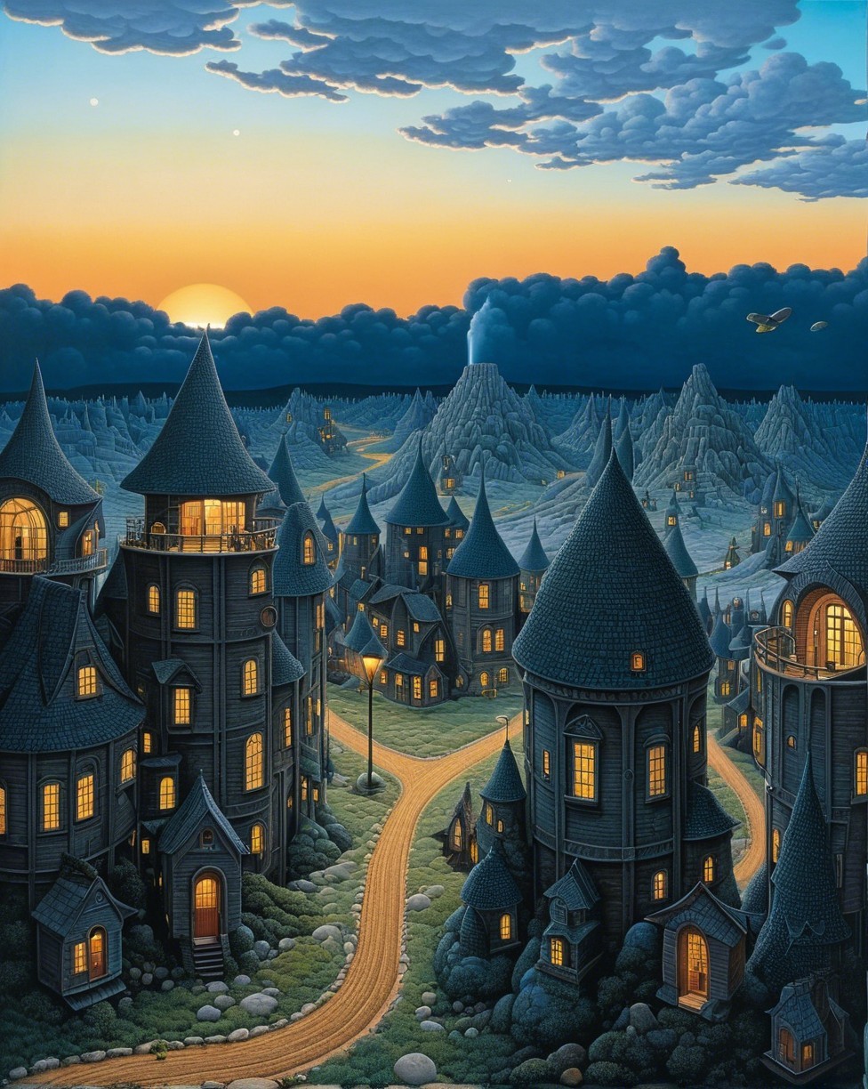 Fantasy Town with Stone Buildings Under Twilight Sky