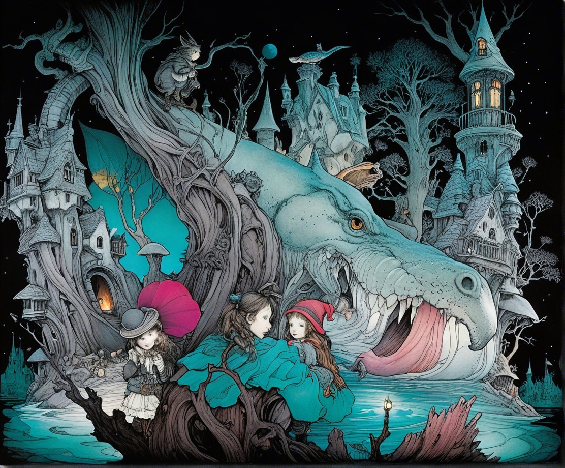 Enchanted landscape with a friendly dragon and girls