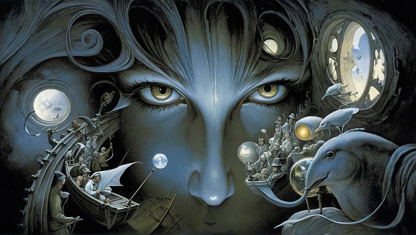Surreal Scene of Giant Face and Whimsical Elements