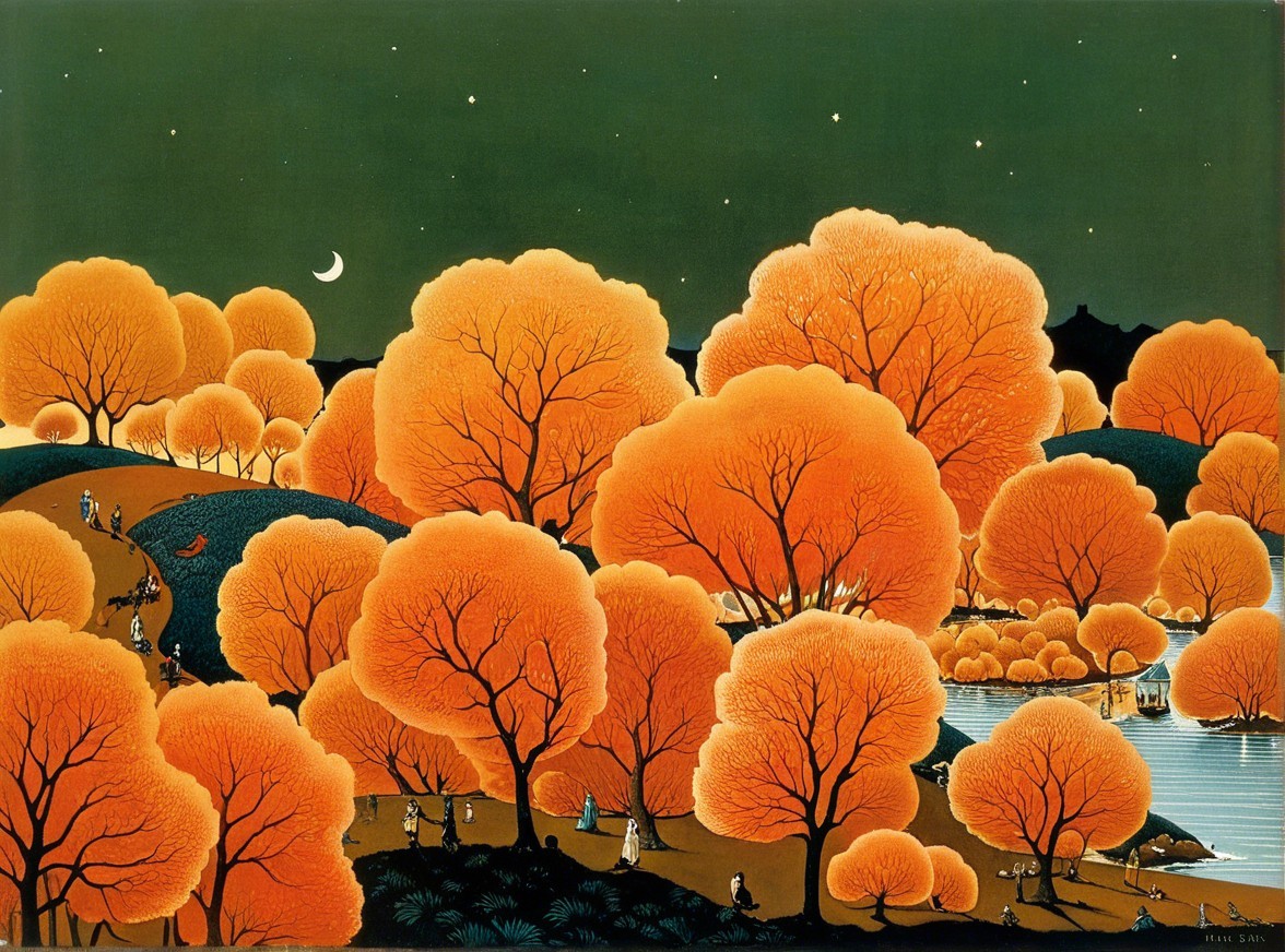 Vibrant Landscape with Trees and Moonlit Water