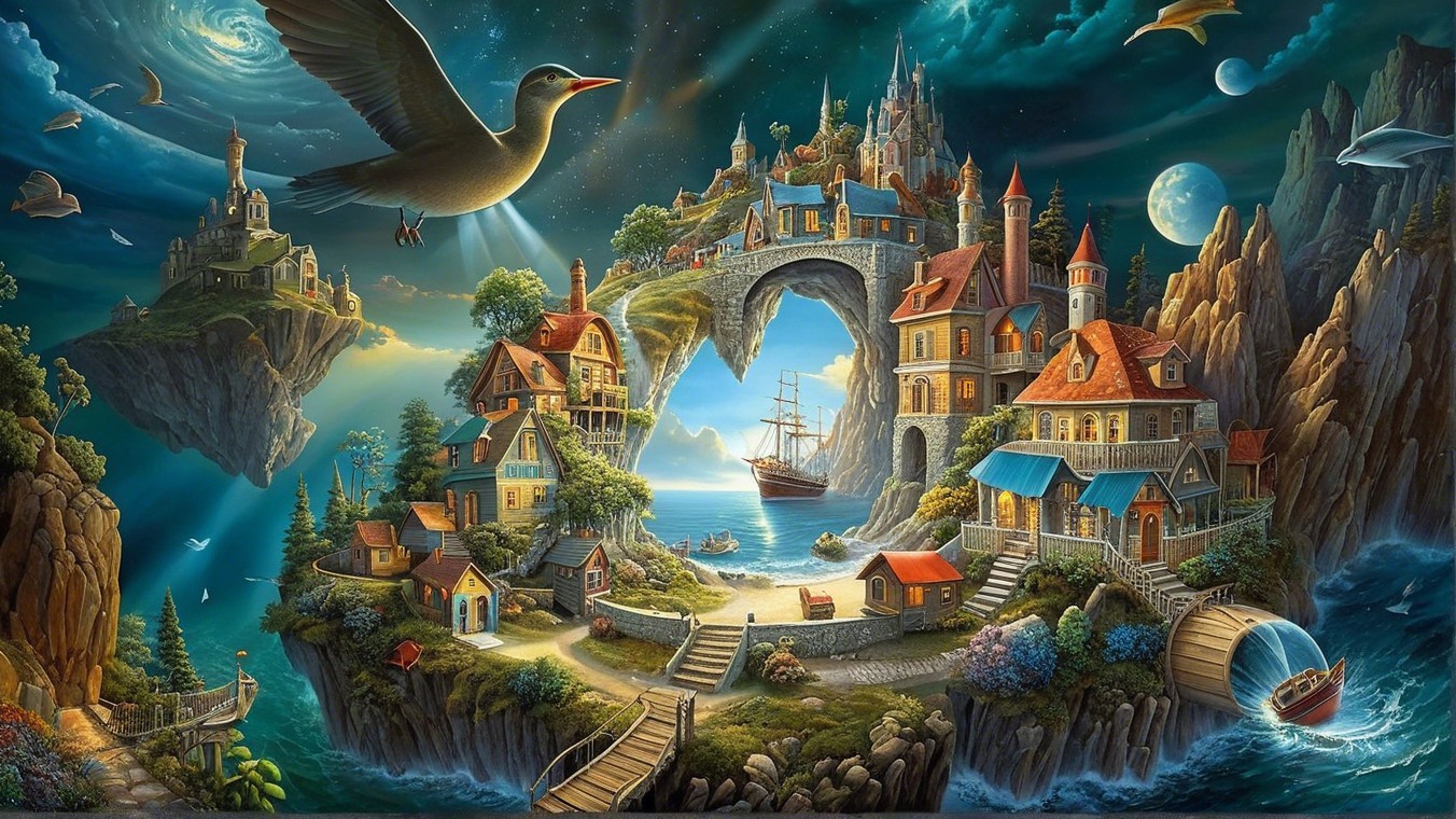 Whimsical Landscape with Floating Islands and Charming Houses