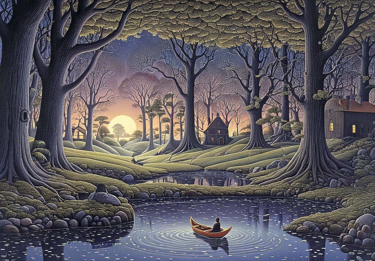 Lone Figure Paddling on a Serene Reflective Pond
