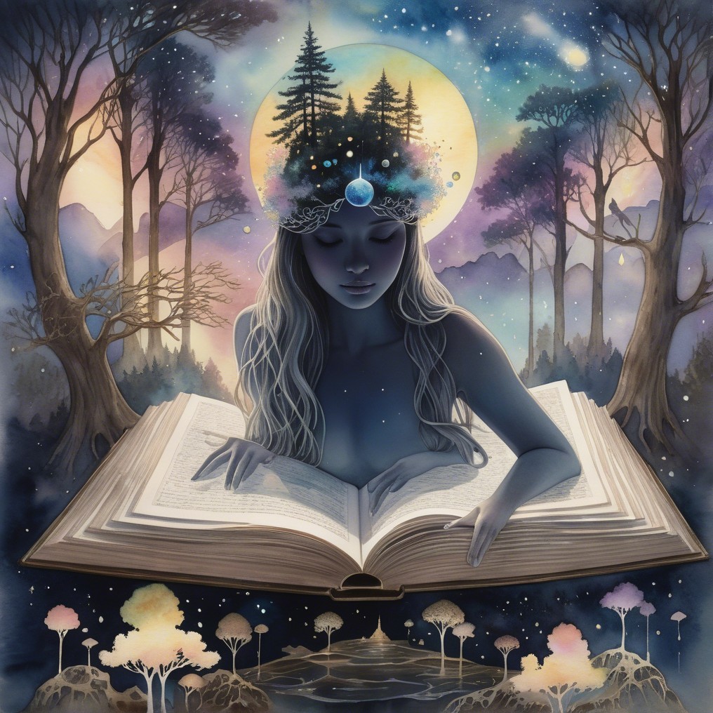 Mystical Scene of a Figure Reading from a Portal Book