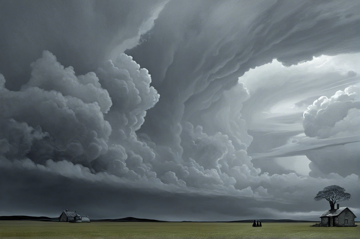 Vast Landscape with Farmhouse and Dramatic Sky