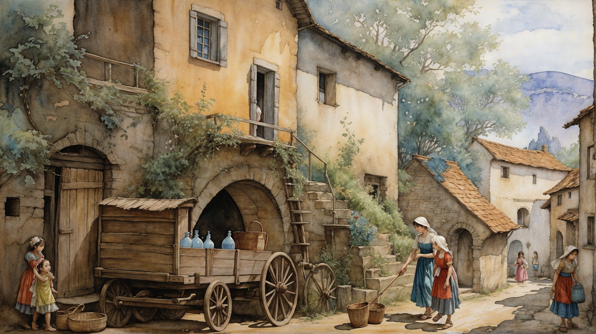 Quaint Village Street with Cobblestone Pathways