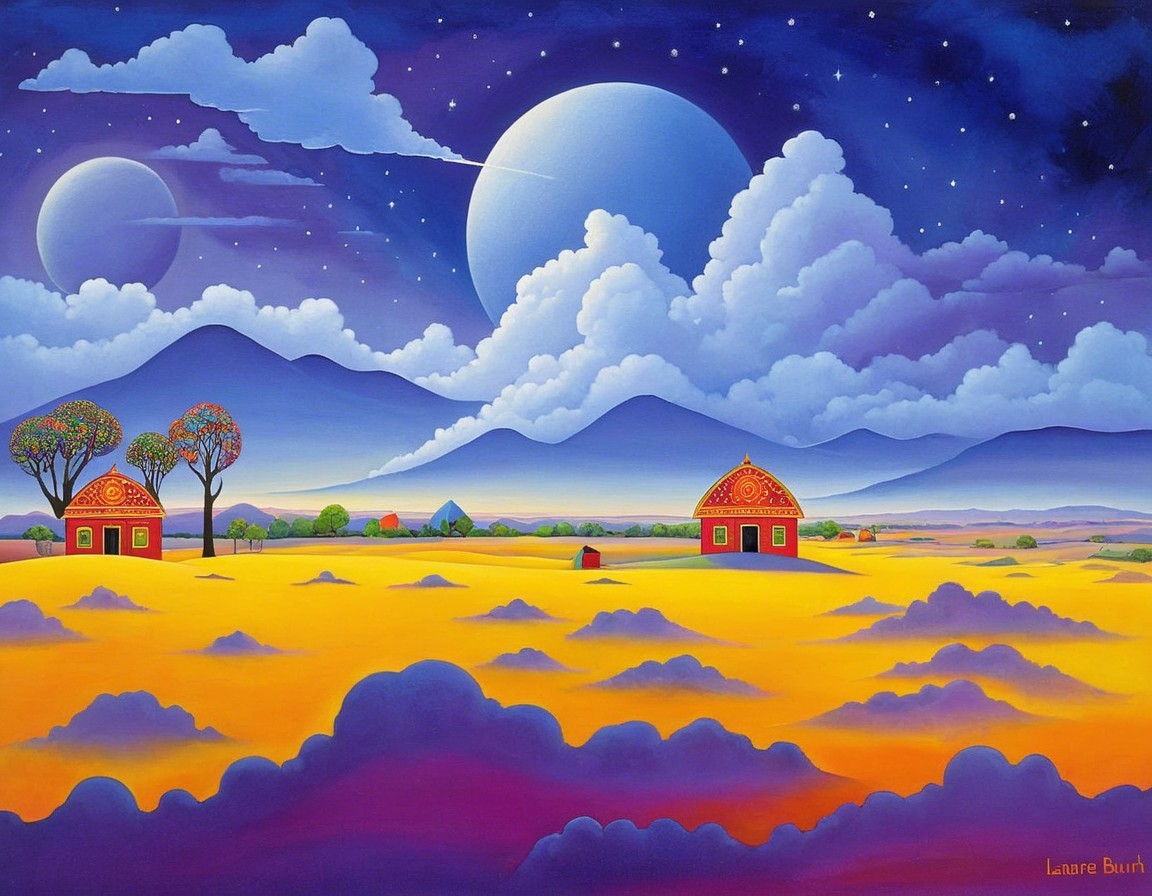 Vivid Landscape with Red Houses and Starry Sky