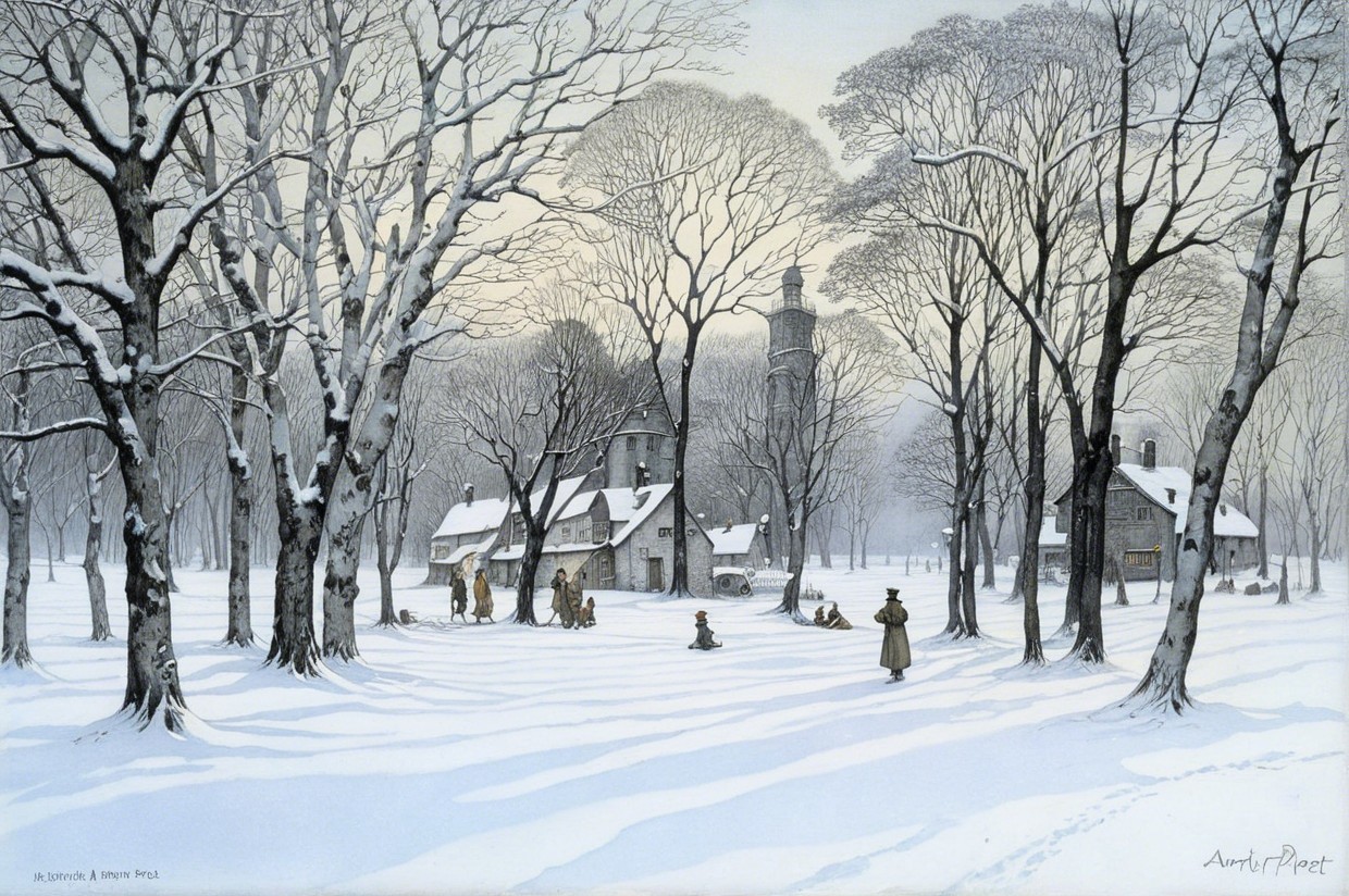 Winter Landscape with Snowy Pathway and Quaint Houses
