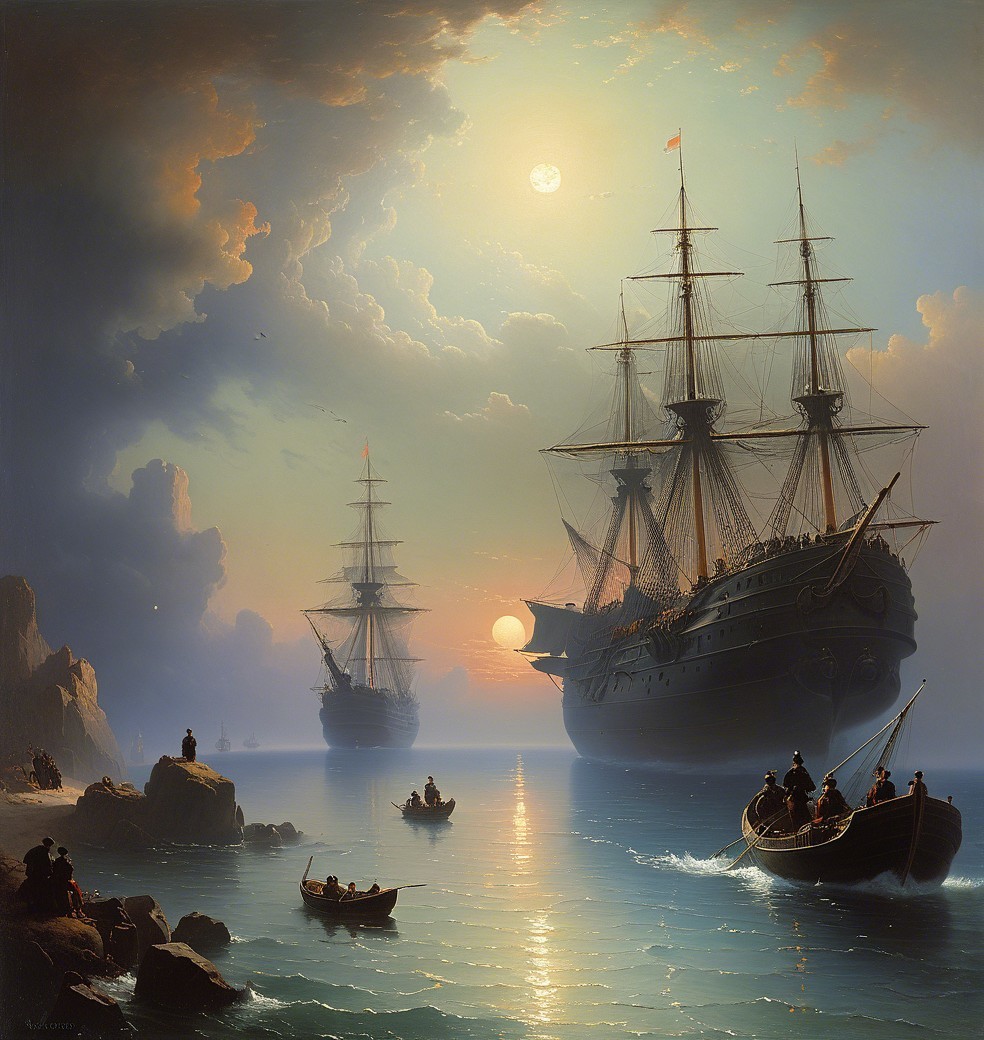 Serene Sunset Seascape with Tall Ships and Rocks
