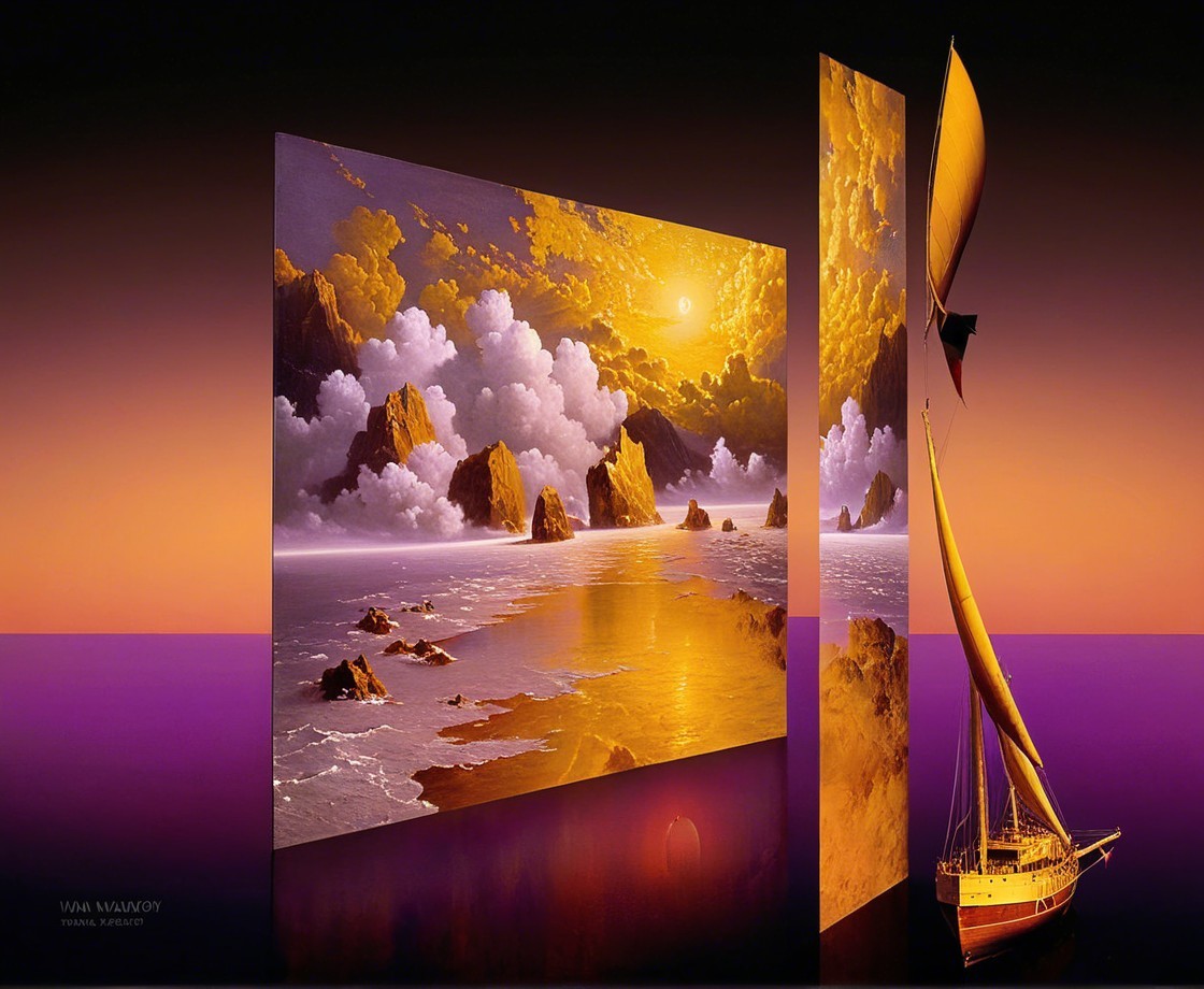 Surreal Landscape with Golden Clouds and Sailboat