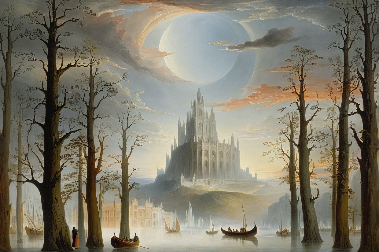 Serene landscape with a misty castle and calm waters