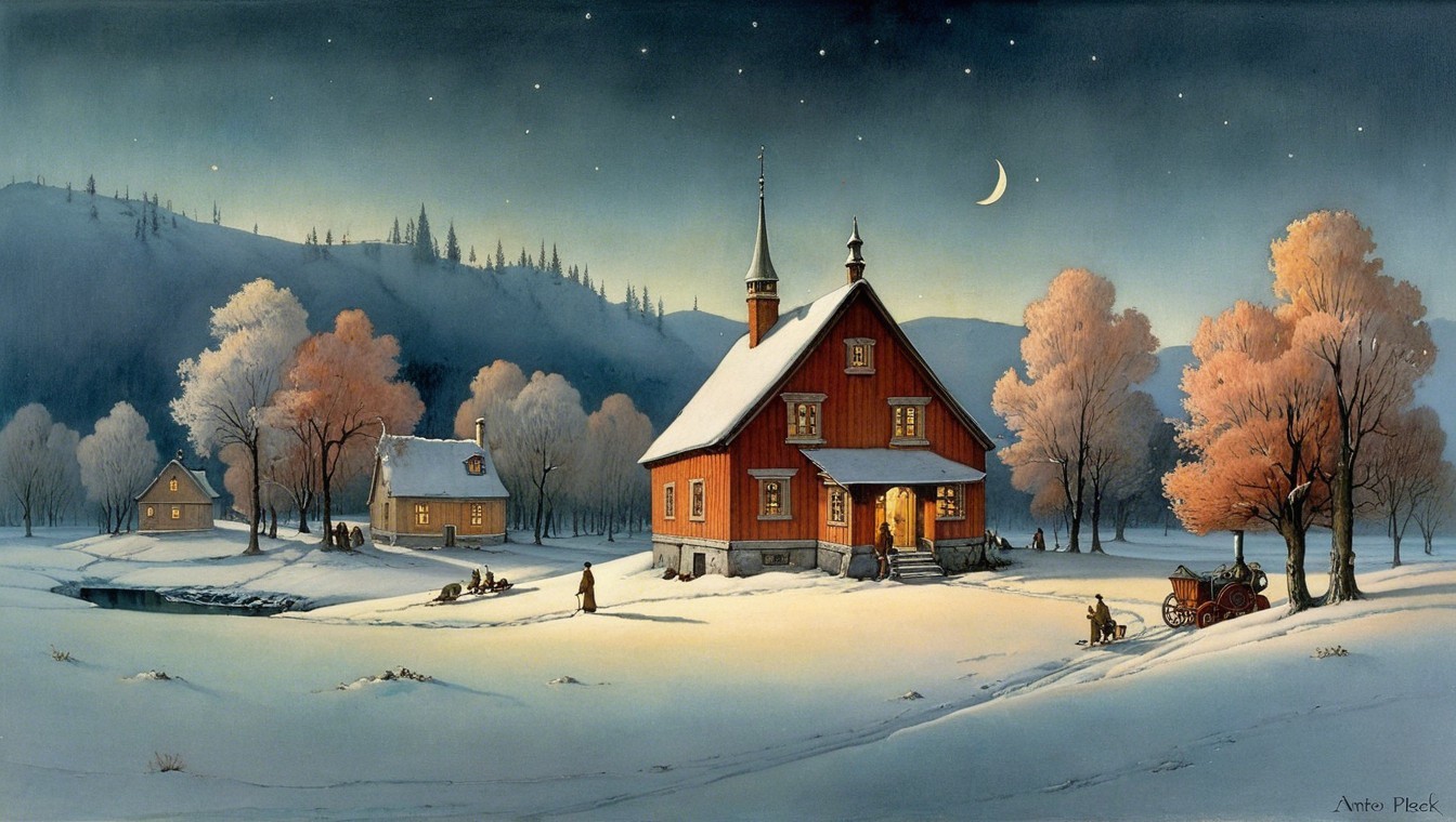 Winter Landscape with Red House and Starry Sky