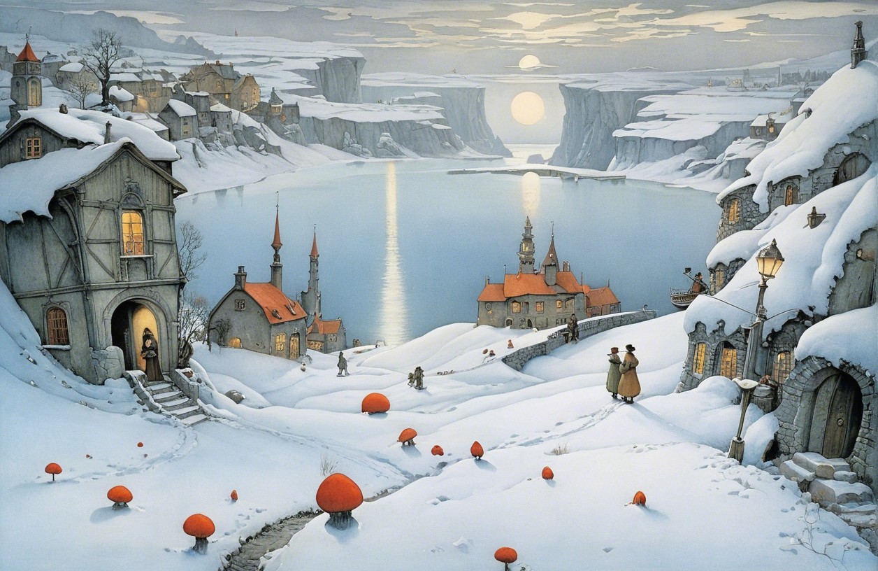 Winter Landscape with Snowy Houses and Red Mushrooms