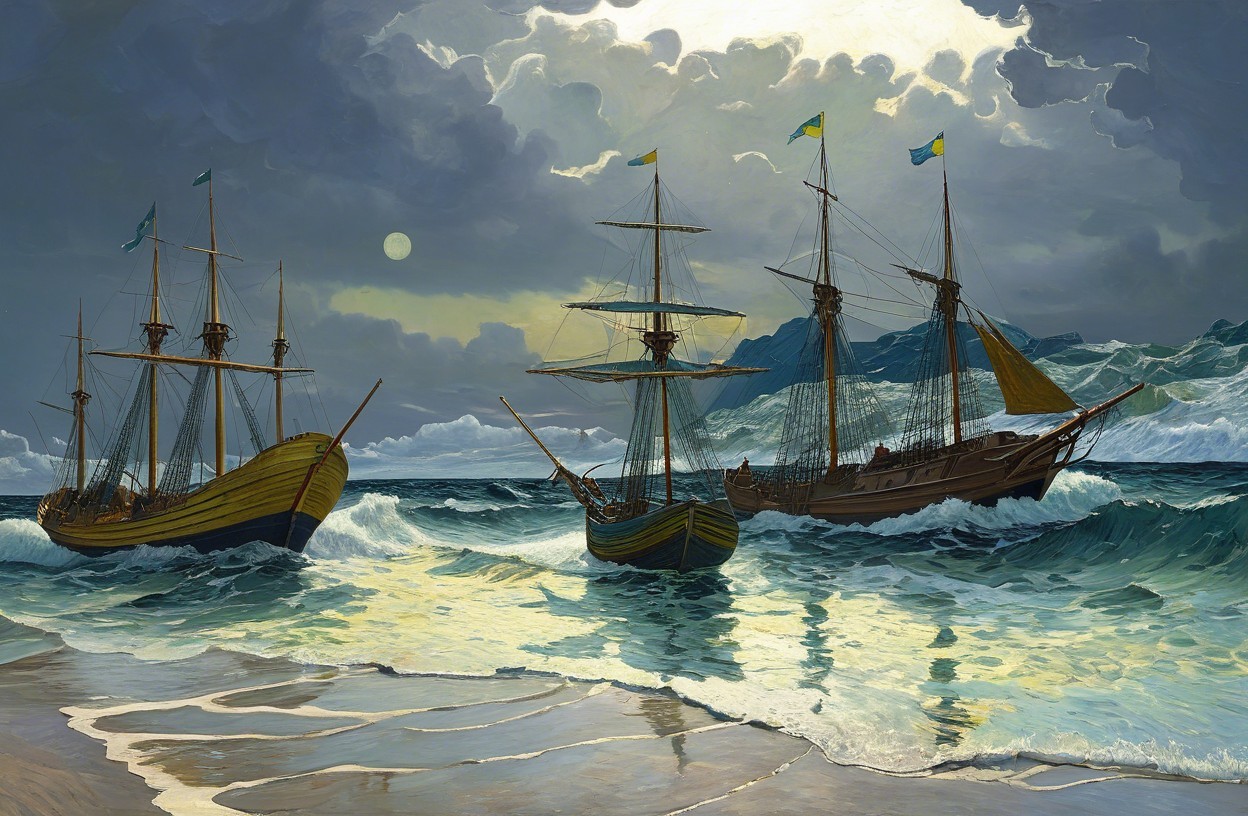Dramatic Seascape with Ships in Stormy Waters