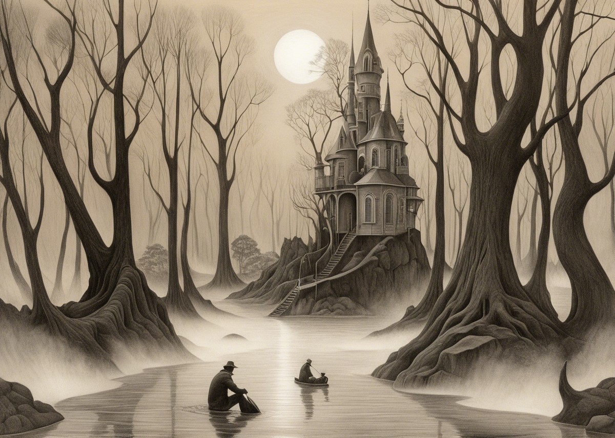 Monochromatic Landscape with Castle and Misty Waters