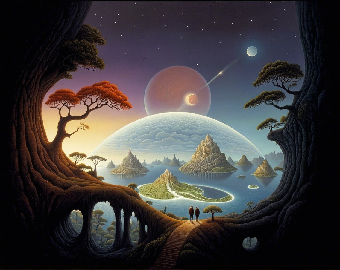 Surreal Landscape with Celestial Bodies and Figures