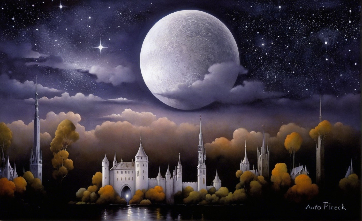 Surreal Night Landscape with Castles and Moonlight