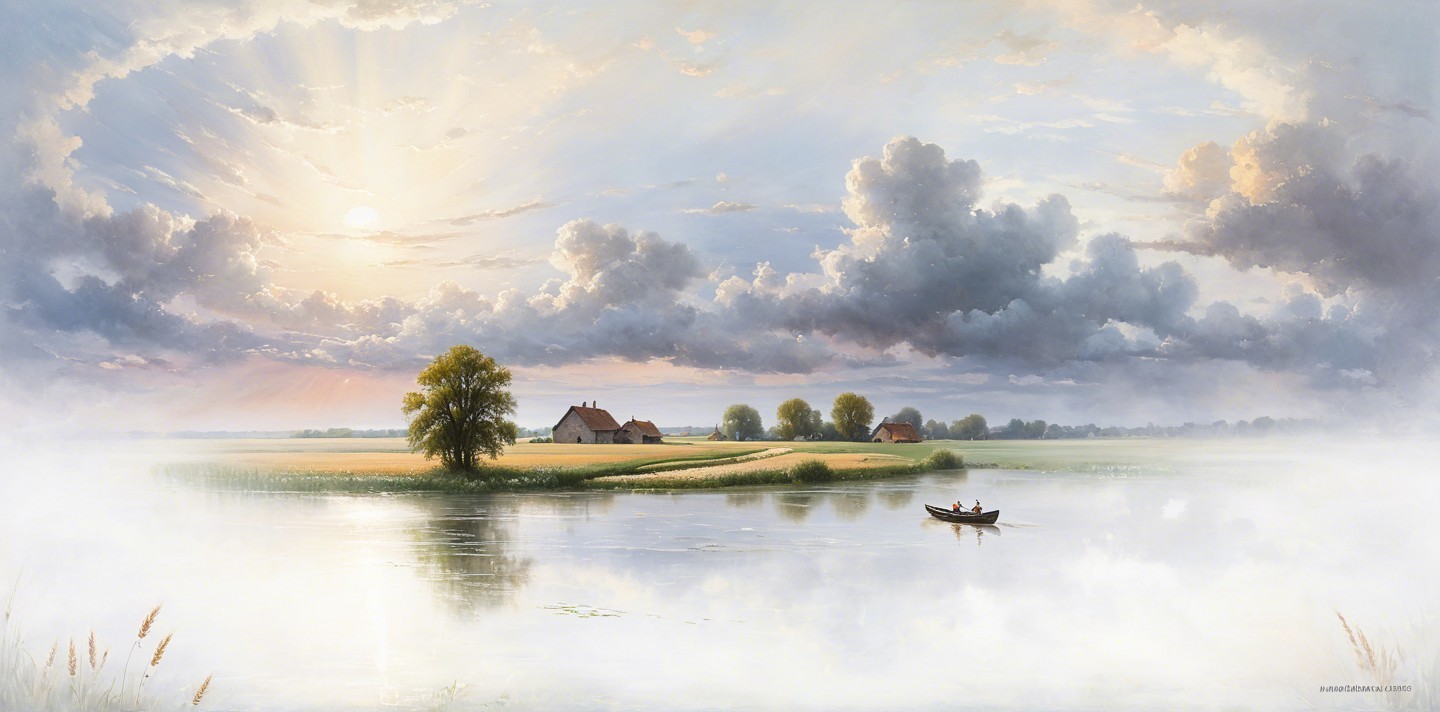 Serene Landscape with River and Lush Green Fields