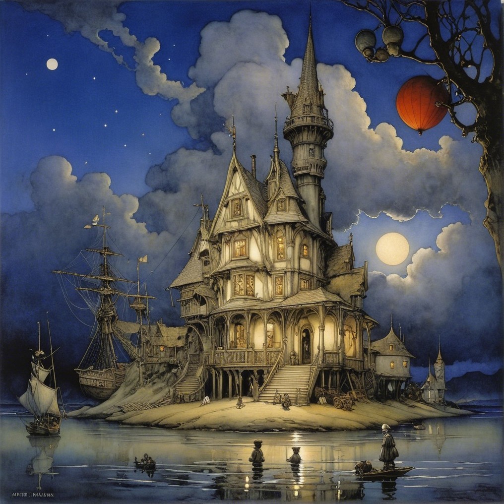 Whimsical Mansion on Rocky Shore at Twilight