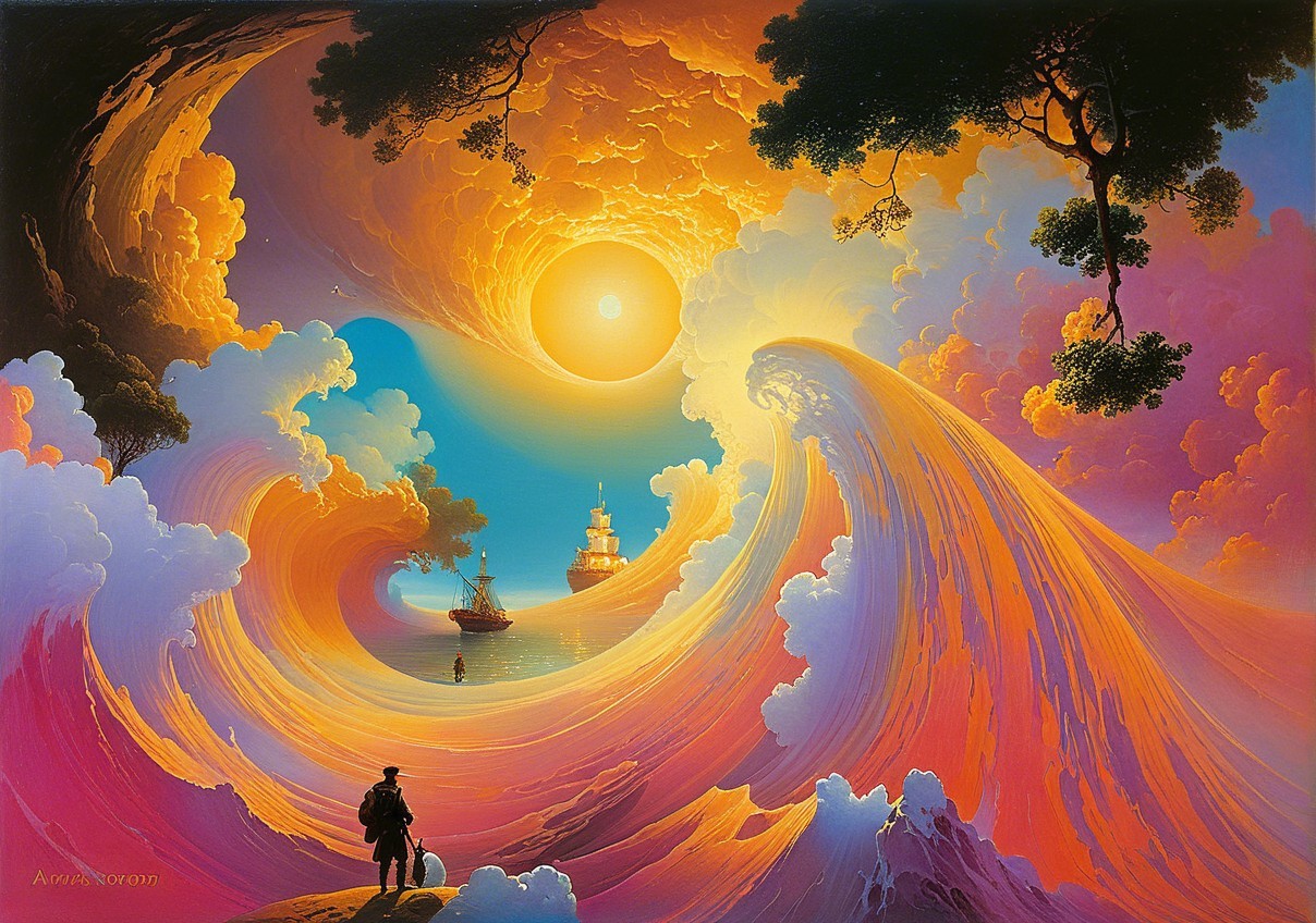 Surreal Seascape with Vibrant Waves and Golden Sun