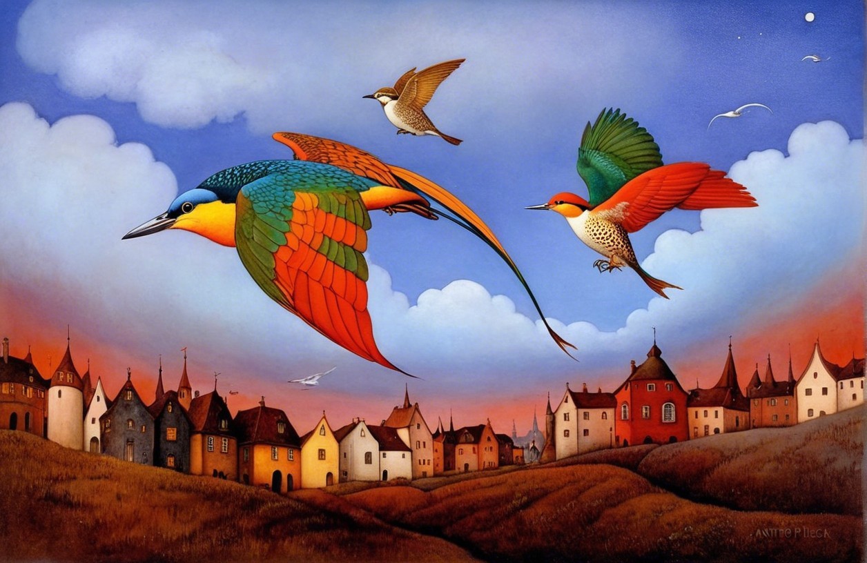 Vibrant Landscape with Colorful Birds and Charming Houses