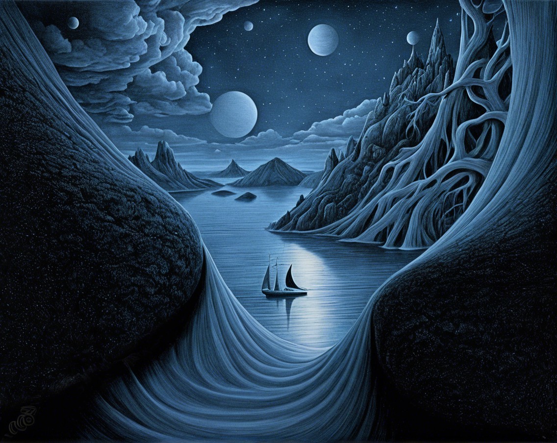 Surreal Landscape with Water, Mountains, and Stars
