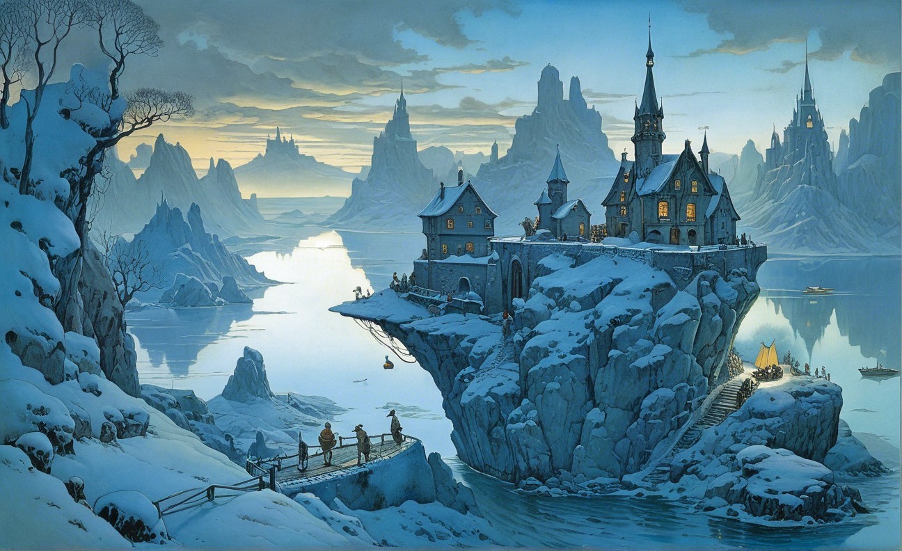 Snowy Landscape with Castle and Tranquil Waters