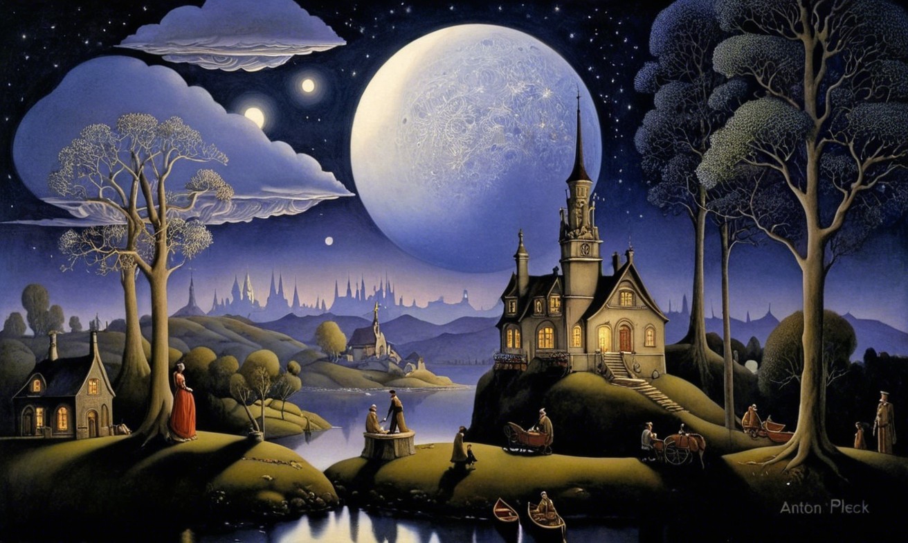 Mystical Village Under a Large Moon at Night